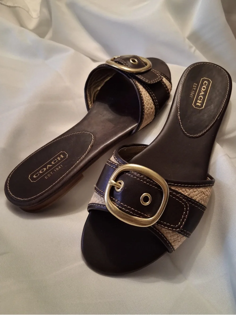 COACH Brown & Beige Leather Buckle Woven Flat Slide Sandals Size: 8.5